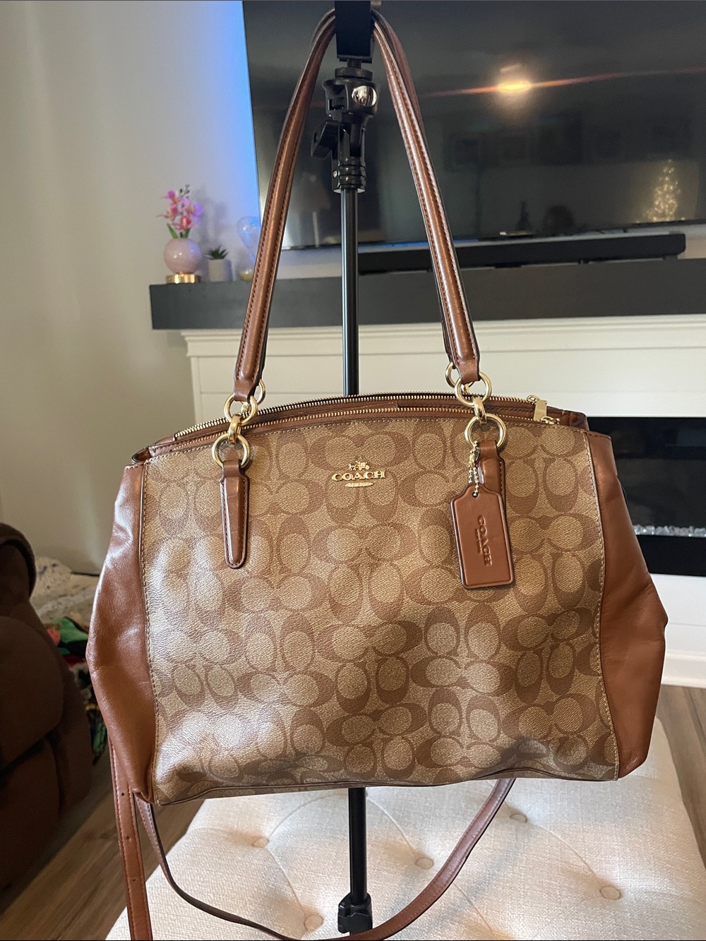 Coach Brown Signature Canvas Shoulder Satchel with Leather Trim
